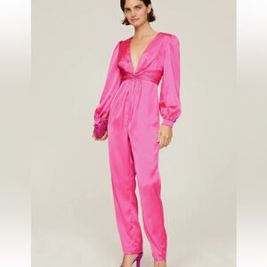 NWT Mac Duggal Pink Plunge Neck Long Sleeve Satin Jumpsuit